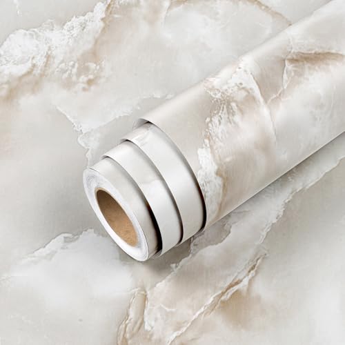 Livelynine Tan Marble Contact Paper for Countertops Off White Counter Top Peel and Stick Waterproof Desk Cover Kitchen Table Vinyl Wrap Removable Cream Onyx Quartz Marble Wallpaper Bathroom 15.8x78.8