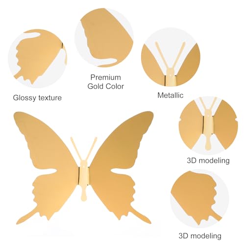 24PCS Metal Gold Butterfly Wall Decor with Hot Melt, 5.9" 3.94" 2.36" 3D Gold Butterfly Wall Decor Adhesive Flying Butterflies for Bedroom Ceiling Living Room Fences Patio Wedding Birthday Party