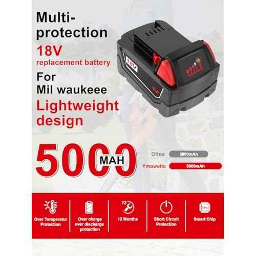 5.0AH Battery 18V Compatible with Milwaukee M18 48-11-1850, 2 Pack Compatible with All Power 18V Mil Waukee Power+ Tools Lithium Ion Battery 48-11-1852
