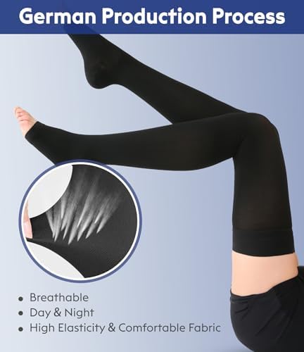 Thigh High Compression Stockings Toeless - Unisex, Opaque, KEKING 15-20mmHg Graduated Compression Leg Support Hose with Anti-Slip Silicone Band - Swelling, Varicose Veins, Edema, Travel, Black X-Large