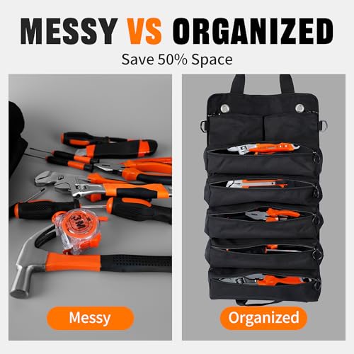 Portable Foldable Roll Up Tool Bag Organizer with 5 Compartments & 2 Detachable Pouches, Heavy Duty Waterproof Tool Pouch Bag for Secure Tool Storage, Tool Roll for Dad Men Electrician Mechanic Gifts