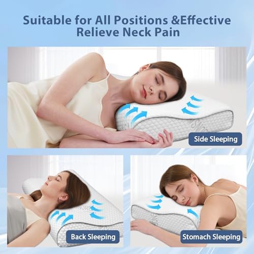 Memory Foam Pillows - Cervical Neck Pillow for Pain Relief, Ergonomic Side Sleeper Pillow for Sleeping, Orthopedic Contour Neck Pillows for Neck and Shoulder Pain with Cooling Pillowcase, Cream