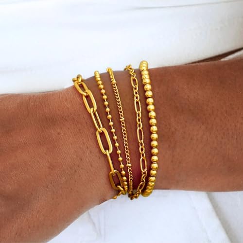 Waterproof Gold Chain Bracelet For Women Non Tarnish,14K Gold Plated Link Dainty Bracelets Stake Layered Bracelet Set Hypoallergen Gold Jewelry