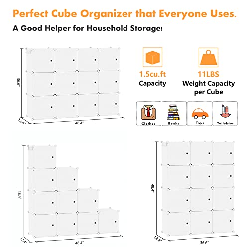 C&AHOME Cube Storage Organizer with Doors, 12-Cube Shelves, Closet Cabinet, DIY Plastic Modular Bookshelf Ideal for Bedroom, Living Room, 36.6¡±L x 12.4¡±W x 48.4¡±H Milky USHS3012M-DOOR