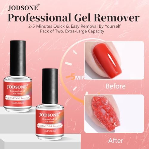 JODSONE Gel Nail Polish Remover Kit 2Pcs Gel Remover 1Pc Latex Tape Liquid Professional Soak Off Gel Nail Removal Set for Nail Art Manicure Pedicure at Home Includes Sanding Strips and Steel Pushers