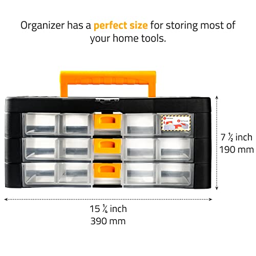 CANOPUS Craft Organizer with Drawers, 15-in Modular Drawer Case, Storage Organizer with Transparent Drawers, Portable Plastic Tool Box for Small Tools, Crafts, Screws, Bolts, Hardware and Small Parts