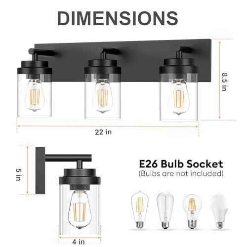 IZORRO Bathroom Vanity Light Fixture, 3-Light 22 Inch Matte Black Bathroom Light Fixtures Over Mirror, with Clear Glass Shade, Modern Farmhouse Vanity Lights, Rustic Restroom Lighting Fixtures