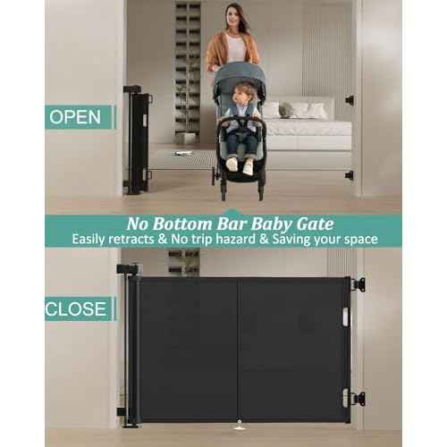 59 inch Retractable Baby Gates 34 inch Tall, Retractable Gate with Reinforced Strip Design to Prevent Crawling Through, 5 FT Retractable Dog Gate for Stairs, Doorways, Hallways, Indoor/Outdoor
