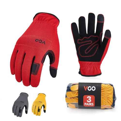 Vgo... 3-Pairs Synthetic Leather Work Gloves, Multi-Purpose Light Duty Work Gloves, Breathable & High Dexterity, Touchscreen