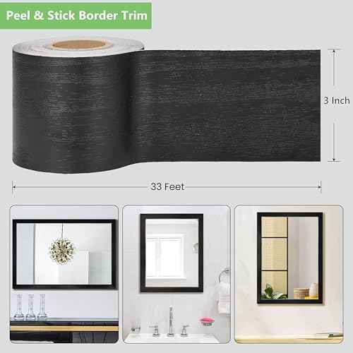 10M Black Mirror Border Wood Grain Wallpaper Border Removable PVC Peel and Stick Bathroom Mirror Frame Border Tape (Black, 3.1 Inch x 33FT)