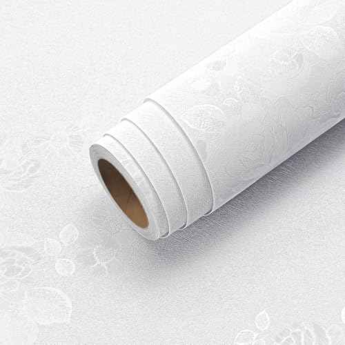 Livelynine White Wallpaper Peel and Stick Floral Texture White Contact Paper for Cabinets Removable Vinyl Kitchen Cabinet Covering Paintable Textured Wallpaper for Walls Bathroom Ceiling 15.8x78.8"