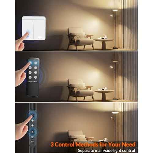 LEPOWER-TEC Bright Floor Lamp, Standing Lamp with Remote & Wall Switch, 60 Lighting Effects, Adjustable Torchiere Corner Light for Living Room, Bedroom, Office. Perfect for Reading & Ambiance