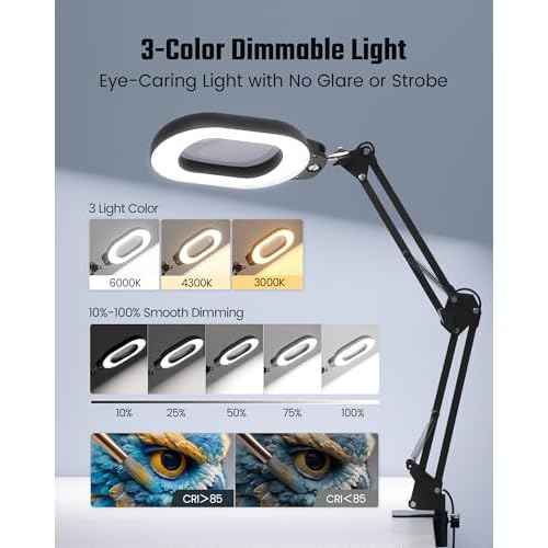 Magnifying Desk Lamp, 10X Square Magnifying Glass with Light and Stand, Dimmable LED Magnifier Lamp with Clamp and Base, Adjustable Swing Arm Light for Close Work, Reading, Crafting, Black