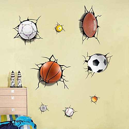 Supzone Sport Balls 3D Wall Stickers Break Through DIY Basketball, Rugby, Baseball, Football Wall Decor Boys Playroom, Bedroom, Classroom, Living Room