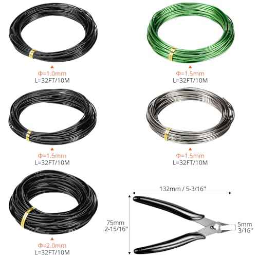 QWORK Bonsai Training Wire with Wire Cutter - 5 Rolls, Total 164 Feet Aluminum Wire 1/1.5/2.0 mm