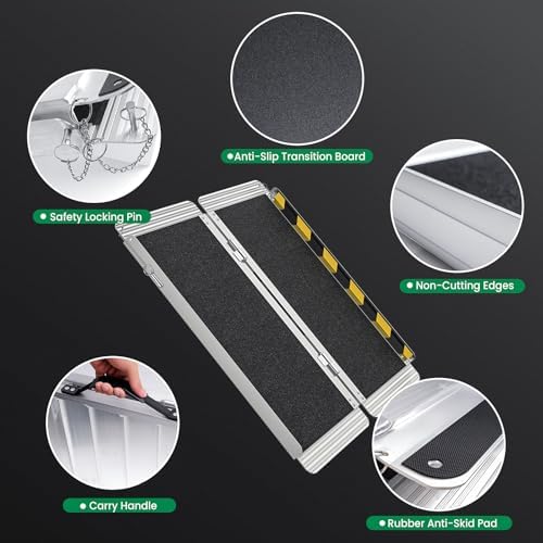 3 Feet Portable Wheelchair Ramp, 600 LBS Capacity Folding Aluminum Threshold Ramp with Anti-Slip Surface, Mobility Access Handicap Ramp for Home Steps, Doorway, Stairs, Doorways, Scooter