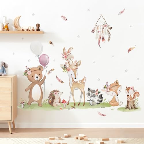 decalmile Boho Woodland Animals Wall Stickers Deer Bear Fox Rabbit Wall Decals Baby Nursery Kids Bedroom Living Room Wall Decor