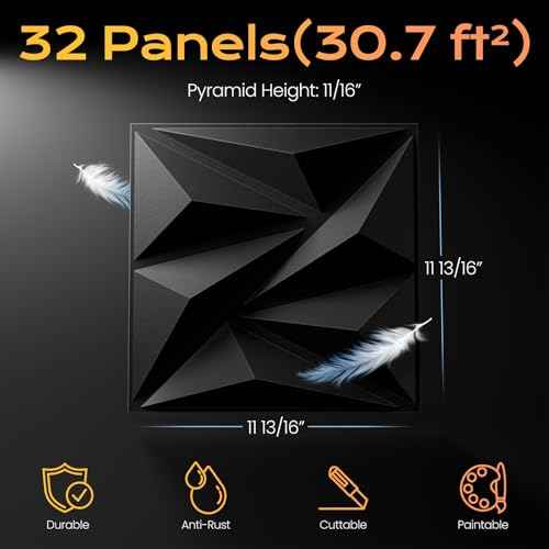 Sonicism Wall Panels Upgrade 32 Pack,0.7¡±x11.8¡±x11.8¡±Pyramid 3D Wall Panels Creative Cutting,PVC Wall Panels for Interior Wall Decor Fire Resistant,Wall Tiles for Various Scenes(Charcoal Black)