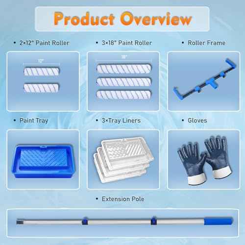 Paint Roller Kit, 12PCS Painting Set, 18 inch Paint Rollers Disposable Paint Tray Liners and Roller Covers, 21.26~47.64in Extension Pole, Large Paint Rollers(Gloves Included)