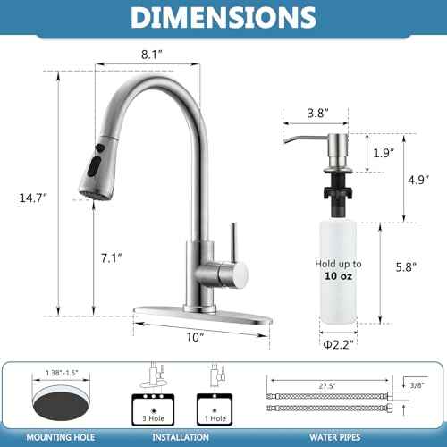 Kitchen Faucet with Soap Dispenser, 3 Modes Stainless Steel Kitchen Sink Faucet with Pull Down Sprayer, Brushed Nickel Single Handle High Arc Mixer Taps for Bar Laundry Camper RV