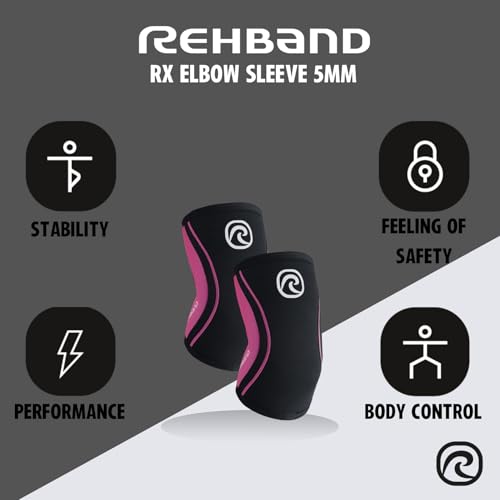 Rehband Elbow 5mm Compression Sleeve, Neoprene Elbow Sleeves for Weightlifting, Anatomical Design, Non-Slip & Close Fitting, Elbow Support Unisex, Colour:Black/Pink - 1 Pair, Size:Medium