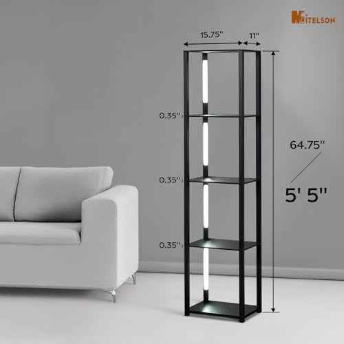 LED Floor Lamp with Shelves, Shelf Lamp with Remote for Bedroom and Living Room, Corner Display Floor Lamps with Storage, Modern Dimmable Floor Lamp with 5-Tier Open Shelve (Black)