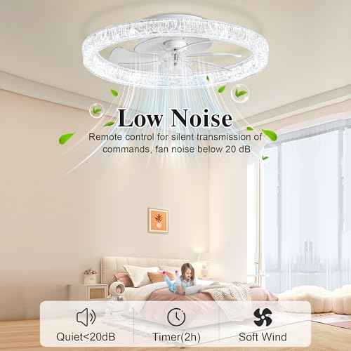 Ceiling Fans with Lights and Remote Fandelier - 20'' Flush Mount Low Profile Modern Ceiling Fans for Bedroom - Stepless Color Temperature and 6 Speeds, White Regular Crystal