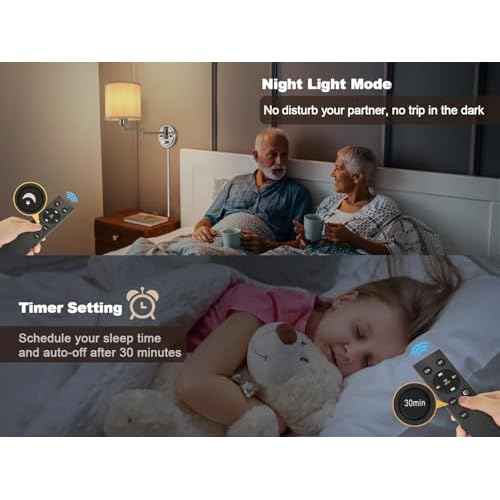 Plug in Wall Sconces with Remote Control, Dimming & Adjustable Colors 2700K-6500K, Hardwire or Plug-in, Swing Arm Wall Lamp with White Fabric Shade, Wall Sconces Set of Two, Brushed Nickel Finish