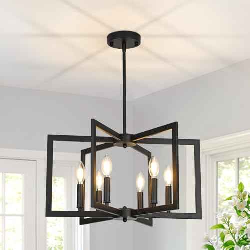 6-Light Black Chandeliers for Dining Room,Modern Farmhouse Chandelier, Pendant Lights Kitchen Island,Geometric Industrial Metal Hang Lighting Fixture for Foyer Entryway Hallway Living Room