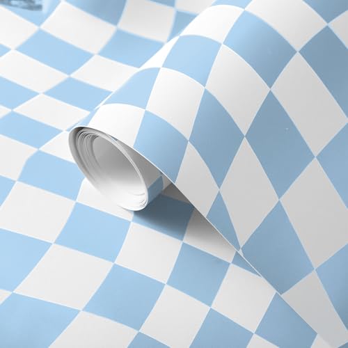 15.75''x118'' Checkered Peel and Stick Wallpaper Aesthetic Removable Contact Paper Preppy Wallpaper Decorative Checkerboard Decor for Cabinets(Light Blue)