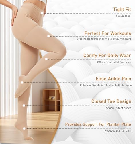 NURCOM Medical Compression Pantyhose for Women Men, 20-30 mmHg Graduated Support Tights, Closed Toe Compression Leggings