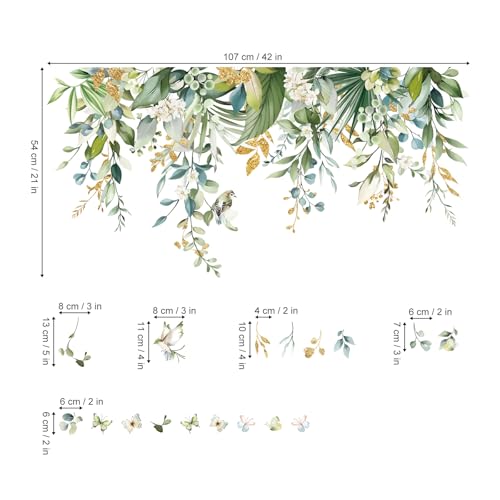 wondever Hanging Green Tropical Leaves Wall Stickers Palm Leaf Flower Plants Peel and Stick Wall Art Decals for Bedroom Living Room Sofa