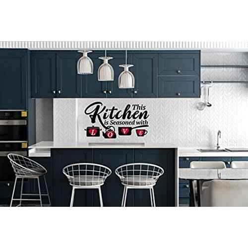 Kitchen Funny Quotes Wall Decals, This Kitchen is Seasoned with Love Family Love Words Red Hart Wall Decor for Dining Room Kitchenware Decoration Vinyl Wall Sticker for Restaurant Cafe