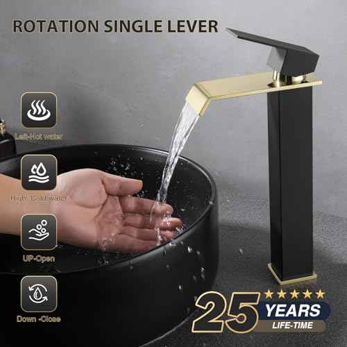 Vessel Sink Faucet Black and Gold, Single Hole Tall Bathroom Faucet, Modern SUS304 Stainless Made, Pop-up Drain & Supply Hose Included, Home D?cor Improvement