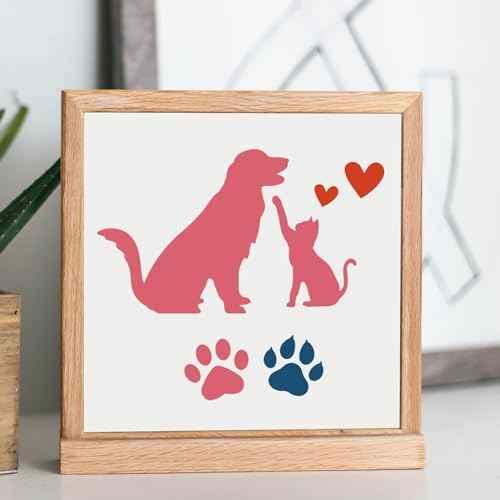 MAYJOYDIY 2pcs Cat Dog Stencils 11.8¡¿11.8inch Love Pet Animal Stencil with Paint Brush Reusable Dog Paw Print Bone Dog Bowl Template for DIY Craft Canvas Wall Wood Home Decor