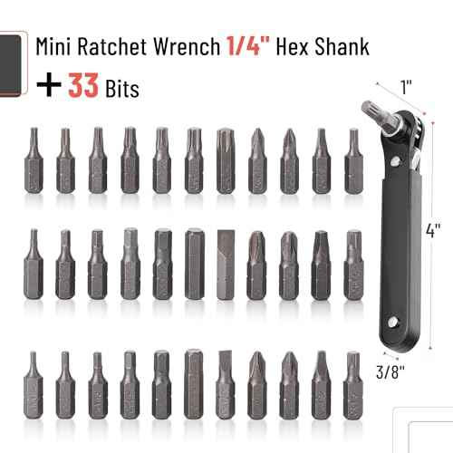 Bates Choice Mini Ratchet Set, 34 pcs, Cr-V Steel, 1/4" Low Profile Right Angle Screwdriver, 1/4 Bit Set, Red Storage Box, Screwdriver Bit Sets