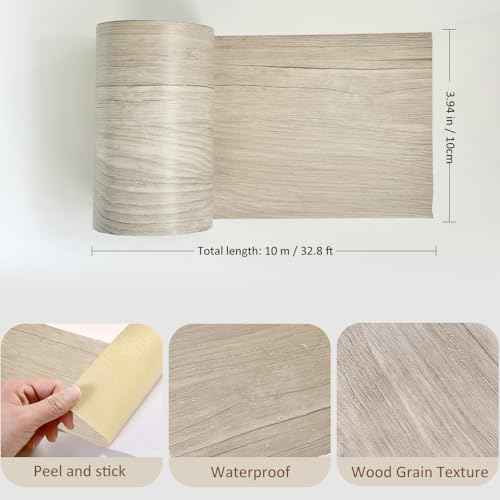 Wood Grain Wallpaper Border, 3.94¡¯¡¯ x 32.8 FT, Peel and Stick Bathroom Mirror Frame Border, Self Adhesive Wood Grain Repair Tape, PVC Waterproof Border Decor, Wood Furniture Renovation(Gray Chestnut)