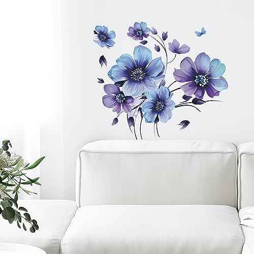 Blue-Purple Ink Daisy Violets Flower Wall Stickers, sacinora Butterfly Floral Art Wall Decals Removable Vinyl Peel and Stick for Living Room Bedroom Nursery Children's Room Decorations