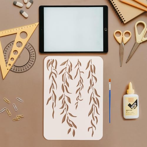 FINGERINSPIRE 3 PCS Willow Leaves Painting Stencil with a Paint Brush 8.3x11.7inch 3 Styles Weeping Leaves Stencil Leaves Vines Template for Painting on Wall Wood Furniture DIY Home Decoration