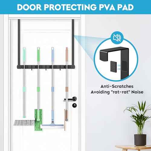Broom Holder Over The Door, Mop and Broom Holder Wall Mount or Hanging Over The Door with Hooks, Broom Hanger, Broom Storage, Tool Organizer for Garage Closet Laundry 2PCS