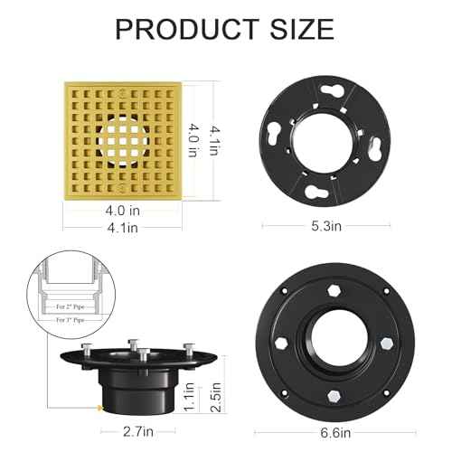Brushed Gold Shower Drain 4-1/4 Inch - Square Shower Floor Drain Kit with ABS Flange for 2" or 3" Pipe, Drain with Hair Strainer,Removable Strainer Cover,SUS304 Stainless Steel & CUPC Certified
