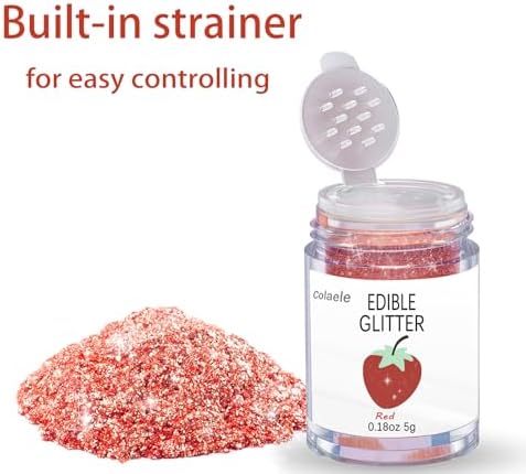 Red Edible Glitter Glimmer Powder for Cakes Drinks - Colaele 5 grams Food Grade Luster Dust Metallic Food Decorating Sprinkle Disco Brew Dust for Cake Decorations Wine Beverage Candy Dessert, Vegan