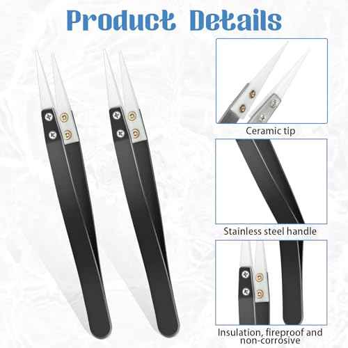2pcs Ceramic Tweezers Stainless Steel Ceramic Precision Tweezers for Electronics, Non-Conductive Anti Static High Temperature Resistant Fine Point Tweezers for Precision Electrical Operation Black