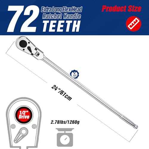 WORKPRO 1/2 inch Drive Extra Long Flex Head Ratchet, 24 Inch Long CR-V Steel Ratchet Handle with Chromium Plating, CR-MO Head, Quick Release Reversible Design, 72-Tooth