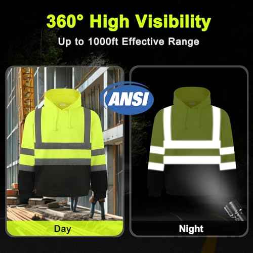 HYCOPROT High Visibility Sweatshirt ANSI Class 3 Reflective Safety Hoodie Hi Vis Hooded Pullover with Black Bottom¡¦