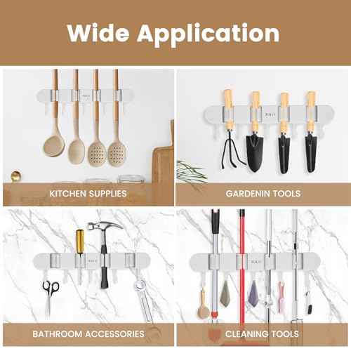 3Pcs Broom Mop Holder with Hooks Wall Mounted Broom Storage Rack No Drilling Self-Adhesive Mop Broom Organizer Mop Holder Hanger for Bathroom Office Kitchen Closet Garage,White (3)