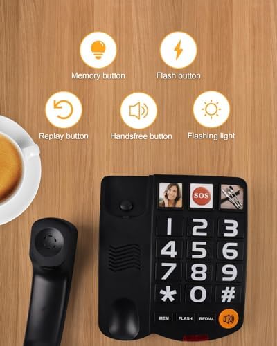Big Button Phone for Seniors, Landline Telephone for Home with Picture, Durable Hand-Free Phone with LED Call Alert, Adjustable Volume and 3 One-Touch Dialing for Elderly, Black