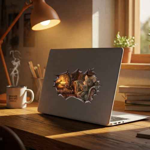Cozy Mouse Wall Decal, 3D Fireplace Scene Decorative Sticker, Vinyl Home Decor