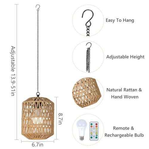HMVPL Battery Operated Chandelier, Rattan Battery Operated Pendant Light with Remote, Boho Outdoor Chandelier for Gazebo, Wireless Gazebo Light, Outdoor Hanging Lamp for Patio Pergola Indoor(2 Pack)