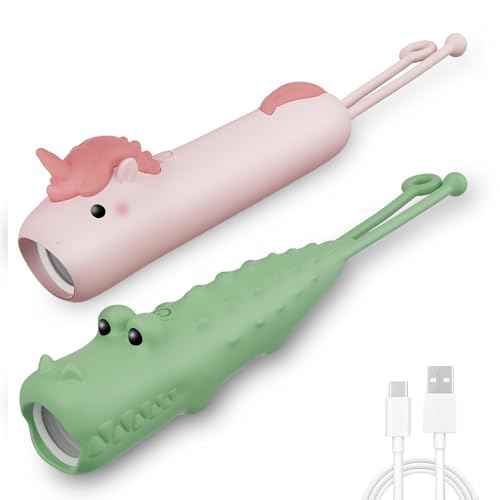 Rechargeable Children's Flashlight, LED Flashlight for Boys and Girls, Pink Unicorn for 4-6 Year Old Girls and Boys, Camping and Outdoor Exploration, Birthday Gift (Crocodile+Unicorn)